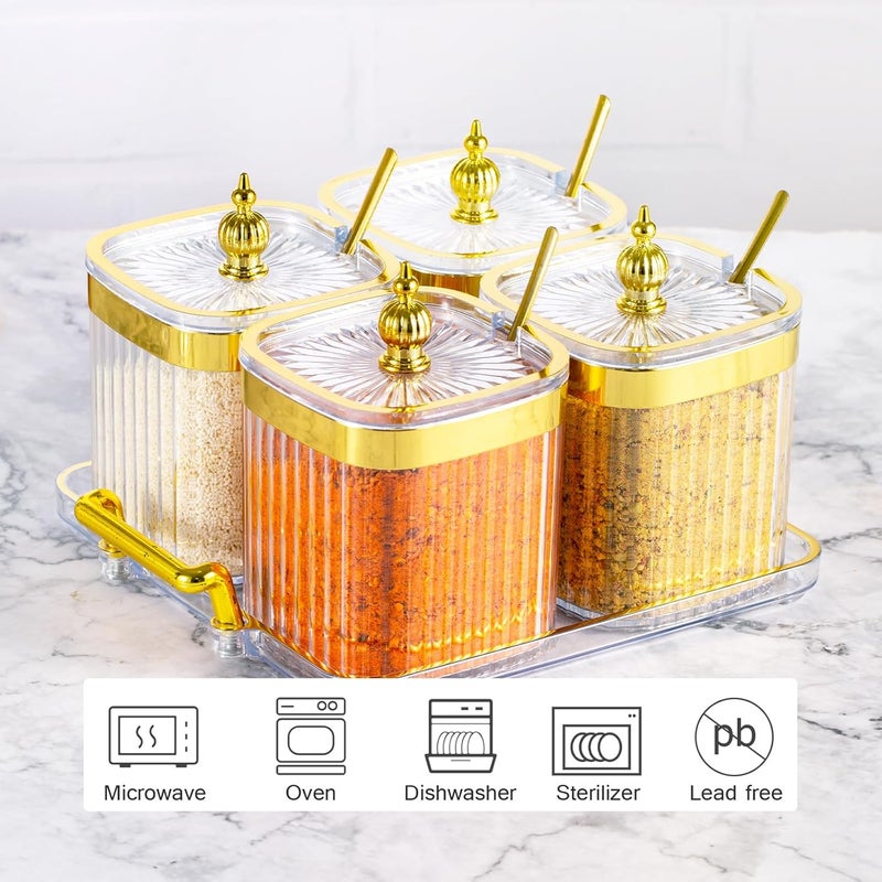 EABOSON 4 Pack Clear Condiment Spice Jars with Lids, Spoons, Tray - Plastic Seasoning Box Set for Salt, Pepper, Sugar - Kitchen Storage - Image 3